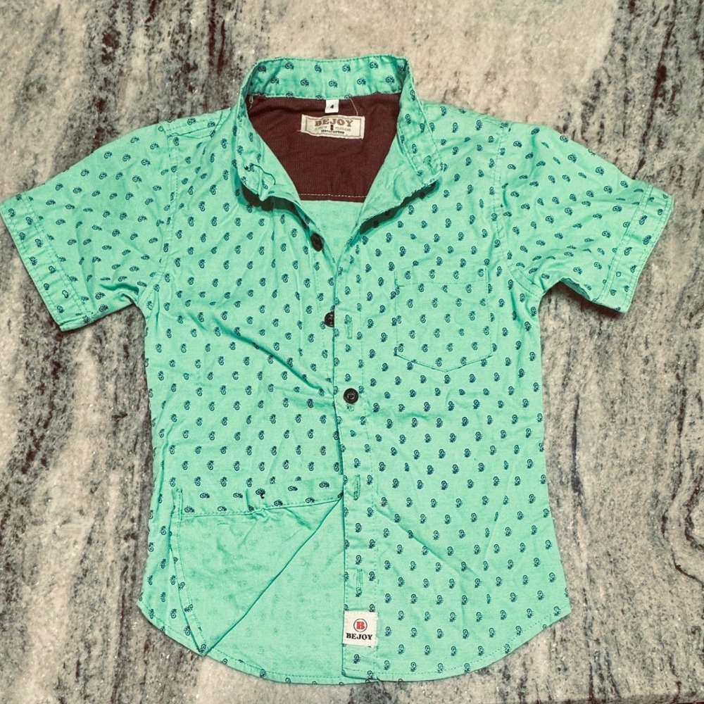 Bejoy Button Down Shirt Boys Size 4 Cotton Paisley Print Mint Green Short Sleeve